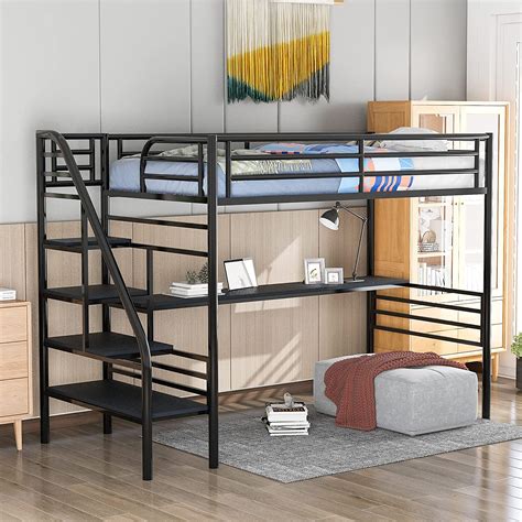Twin Size Loft Bed Metal Loft Bed Frame With Desk Integrated Ladder