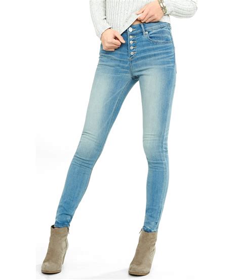 Express Light Blue High Waisted Button Fly Jean Leggings In Blue Lyst