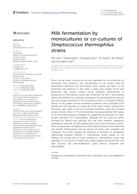 pdf milk fermentation by monocultures or co cultures of streptococcus thermophilus strains