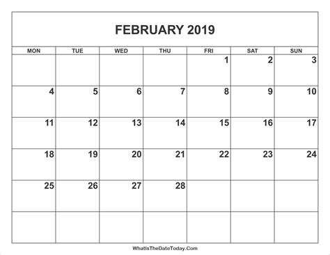 February 2019 Calendar Whatisthedatetodaycom