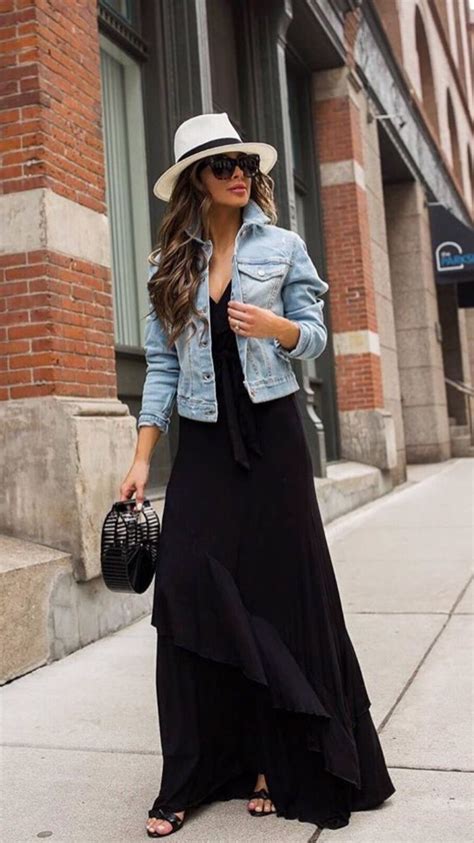Love This Denim Jacket Over Black Maxi Dress With Cute Sun Hat