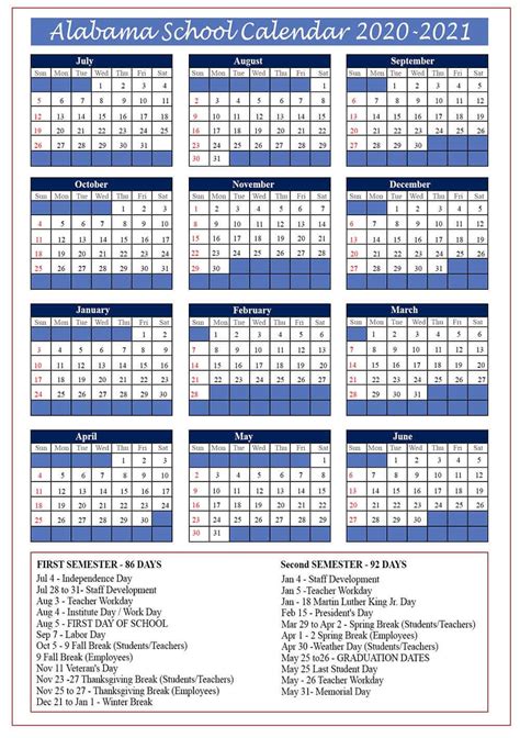 Alabama School Holidays Calendar 2021 22