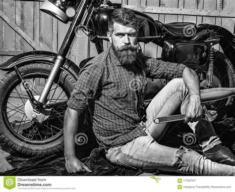 Man Face Handsome Bearded Man Hipster Biker Stock Image Image Of