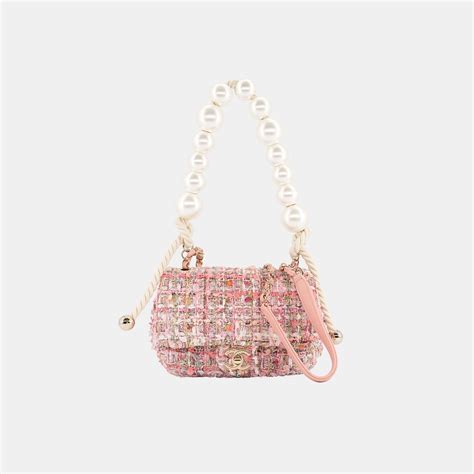 Chanel Pink Tweed Fabric And Pearls Classic Single Flap Bag
