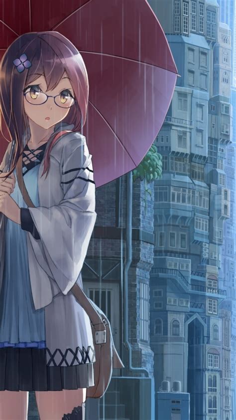 Wallpaper Anime Girl Umbrella Meganekko Fantasy World Raining