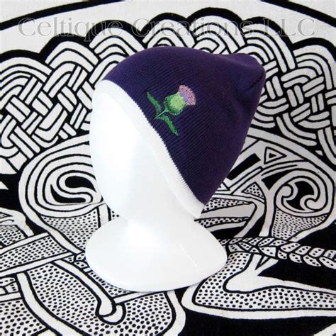 Scottish Thistle Purple Beanie Cap Knit Winter Hat Floral Accent