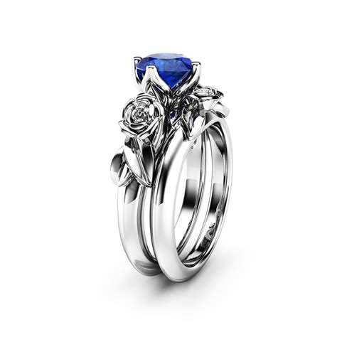 Unique 14k White Gold Blue Sapphire Ring Set Blue