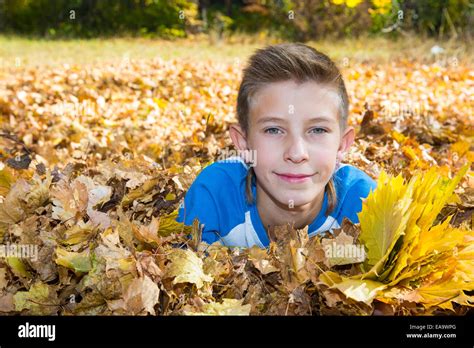 Boy In Leaves Hi Res Stock Photography And Images Alamy