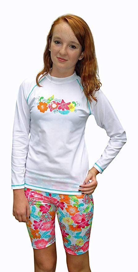 Sun Emporium Girls Long Sleeve Uv Sun Protective Rash Guard Swim Shirt And Shorts 2 Piece Set