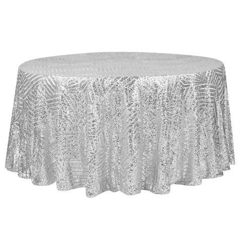 Geometric Glitz Art Deco Sequin Tablecloth 132 Round Silver Cv Linens