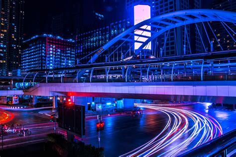 Wallpaper Night City Bridge City Lights Long Exposure Bangkok