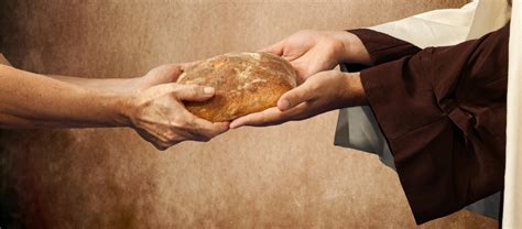 Jesus gives the bread to a beggar on beige background - AVS LAW