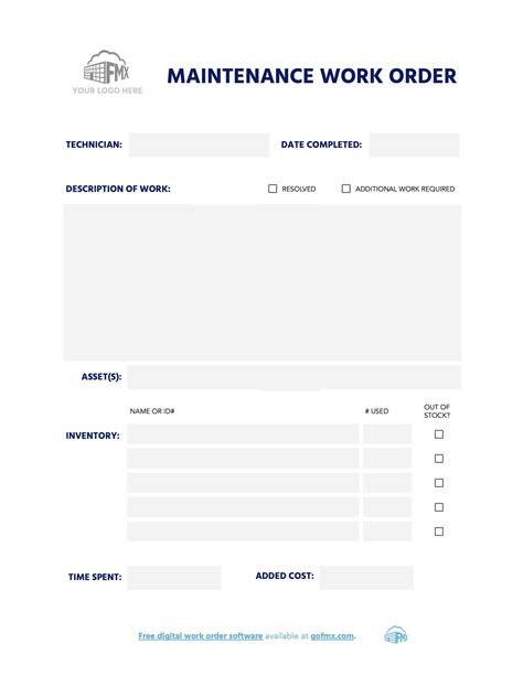Maintenance Work Order Form Free Downloadable Template Fmx