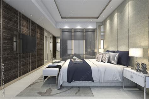 3d Rendering Luxury Modern Bedroom Suite In Hotel With Wardrobe And