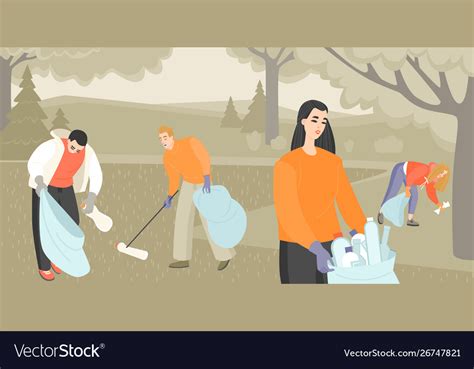 People Picking Up Trash In Park Royalty Free Vector Image