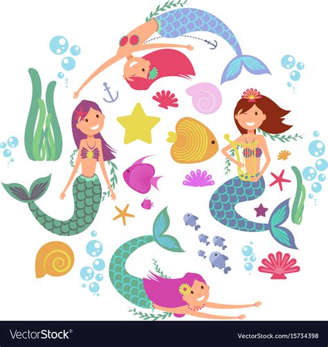 Cartoon Swimming Mermaids And Sea Underwater Vector Image