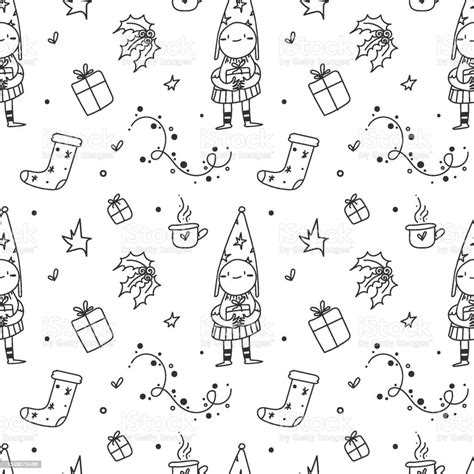 Perky Pattern With Holiday Elf Ts And Holly On White Background
