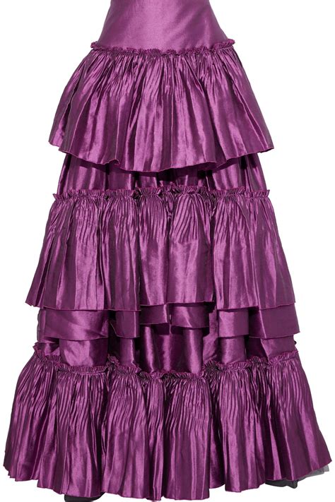 Alberta Ferretti Tiered Ruffled Linen Blend Satin Twill Maxi Skirt