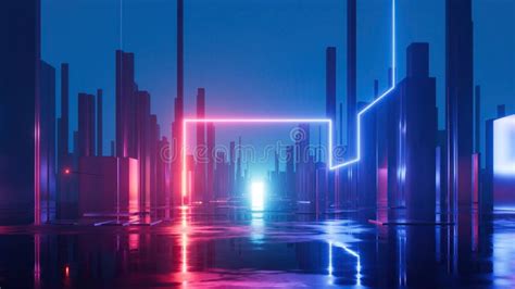 3d Render Abstract Concept Of The Urban Street At Night Red Blue Neon