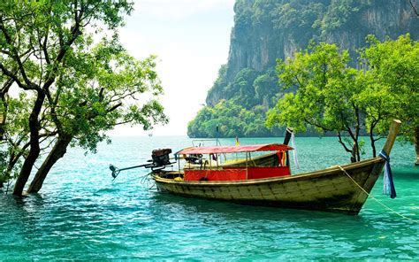 Wallpaper Thailand Fishing Boat Trees Sea Mountain