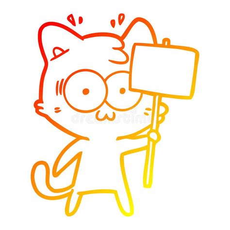 A Creative Warm Gradient Line Drawing Cartoon Surprised Cat Waving Sign