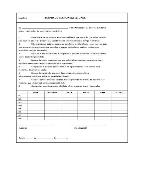 Termo De Responsabilidade Para Uso De Uniforme Pdf