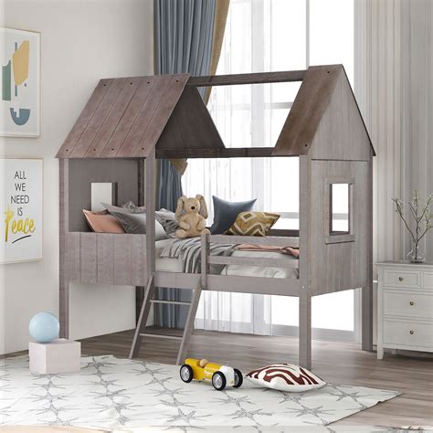 Kids Loft Bed Twin Size With Stairs Wood House Bed With Two Slide