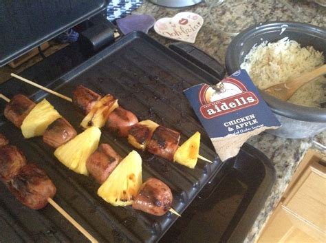 But it's simply a more nutritious mouthful. Aidell's Chicken and Apple Sausage skewers with fresh pineapple and basmati rice. Simple ...