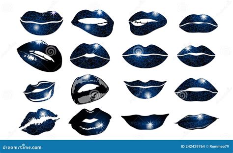 Set Of 16 Glamour Lips With Blue Lipstick Colors Vector Illustration