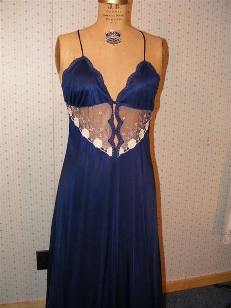 sexy vintage 1970s lingerie nightie peek a boo midriff navy