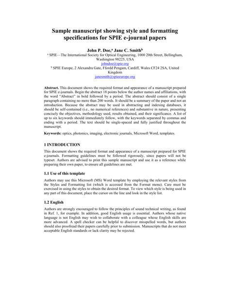 Sample Manuscript Showing Style And Formatting