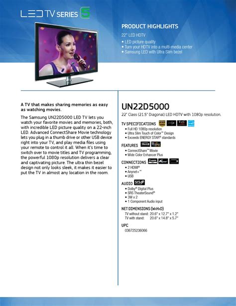 Samsung Un22d5000nfxza Brochure Pdf Download Manualslib