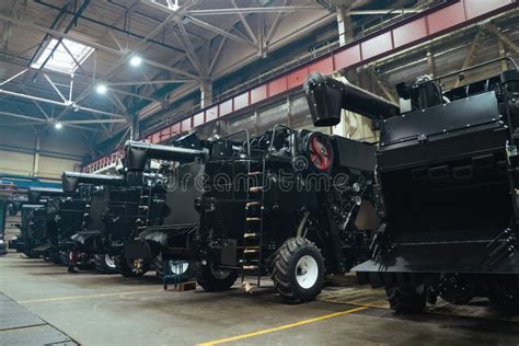 Factory Hangar With Combine Harvesters Assembled Industrial Production