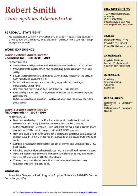 Linux Systems Administrator Resume Samples Qwikresume