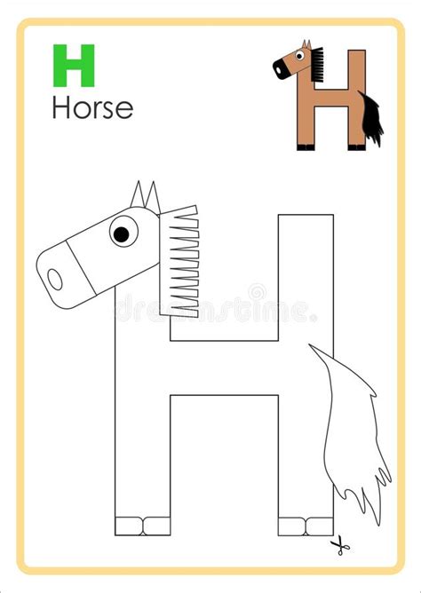 Alphabet Picture Letter `H` Colouring Page. Horse Craft. Stock