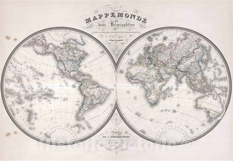Historic Map 1851 Composite Map Mappe Monde Hemispheres Vintage