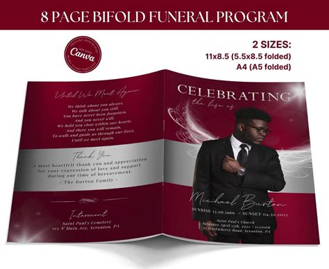 Red And Silver Funeral Program Template 8 Page Bifold Celebration Of