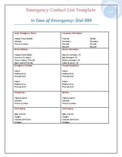 emergency contact list templates word templates