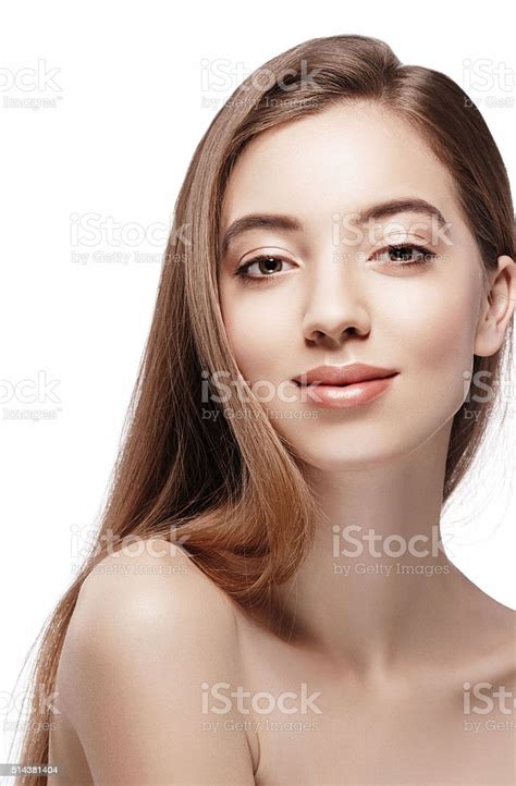 Beautiful Woman Face Close Up Portrait Happy Studio On White Stock