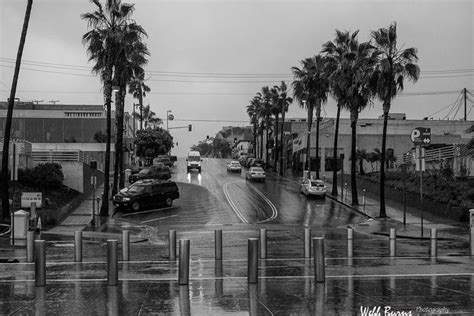 Black And White Photograph Of Cars Driving Down The Street In The Rain