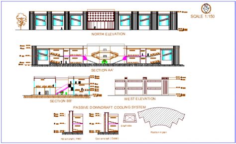 Elevation And Different Axis Section View For Collage Building Dwg File