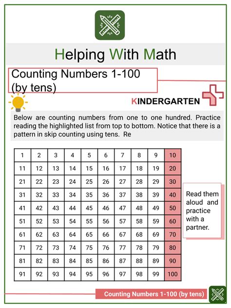 Counting Numbers 1 100 By Tens Kindergarten Maths Worksheets