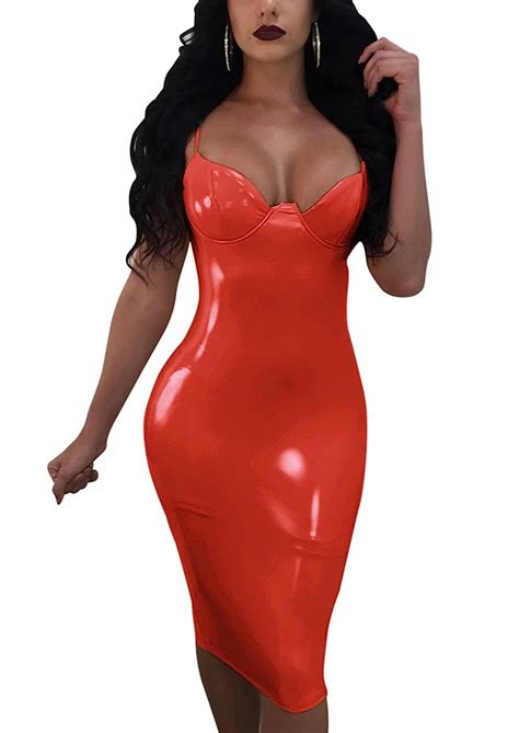 Buy Foundo Women S Pu Leather Dress Sexy Spaghetti Strap Clubwear Bodycon Midi Dress Red L At