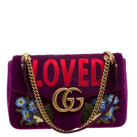 Gucci Purple Velvet Small Embroidered Gg Marmont Shoulder Bag Gucci