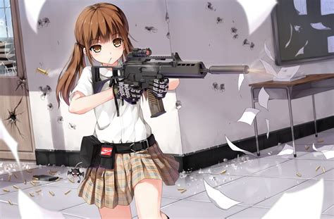armed anime girl in action hd wallpaper by ☆受菟