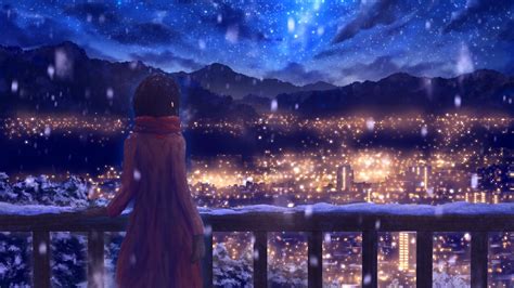 2560x1440 Anime Girl Standing Alone In Snow 1440p