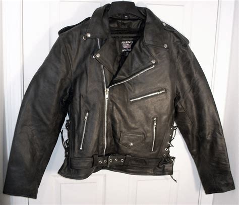 Due to the tough, heavyweight cowhide leather, these jackets were meant as essential riding gear for bikers. Allstate Mens Classic Black Leather Motorcycle Jacket Side ...