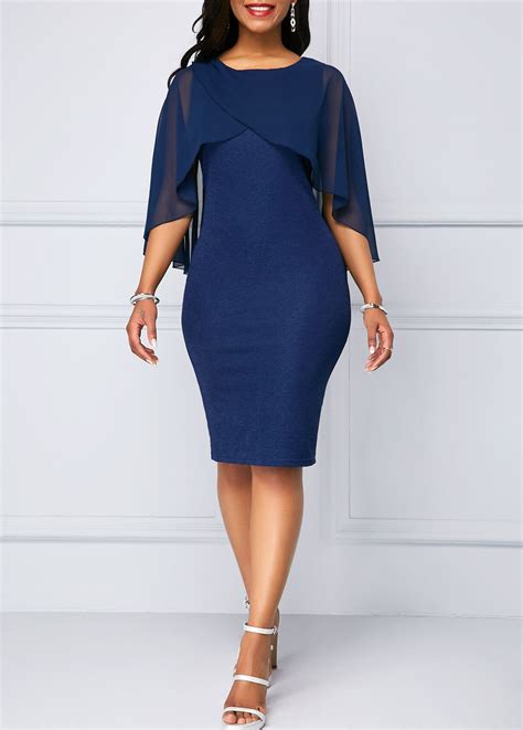 Navy Blue Cape Sleeve Overlay Embellished Dress Summer Dresses 2019