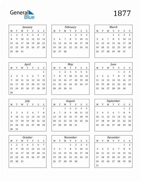 1877 Blank Yearly Calendar Printable