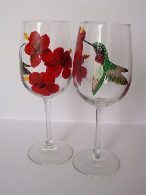 Hummingbird Wine Glasses Hibiscus Flowers Floral Red Birds Bird Lover Hand Painted Hand